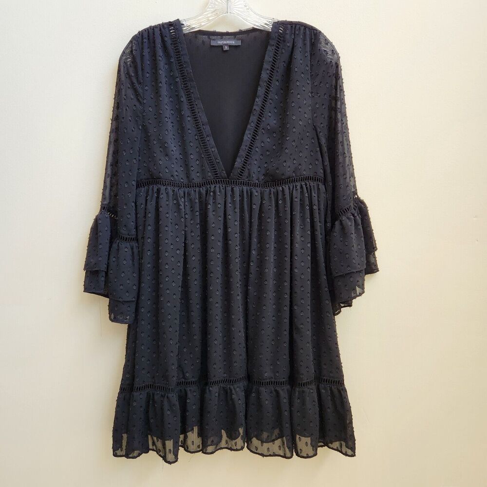 Olivaceous Dress Womens S Black Bell Sleeve Tiered Semi-Sheer Lined Boho Smocked